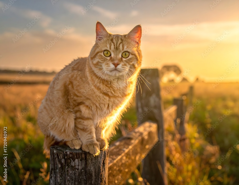 Fototapeta premium A beautiful ginger tabby cat sitting on a rustic wooden fence post during a golden sunset in the countryside.