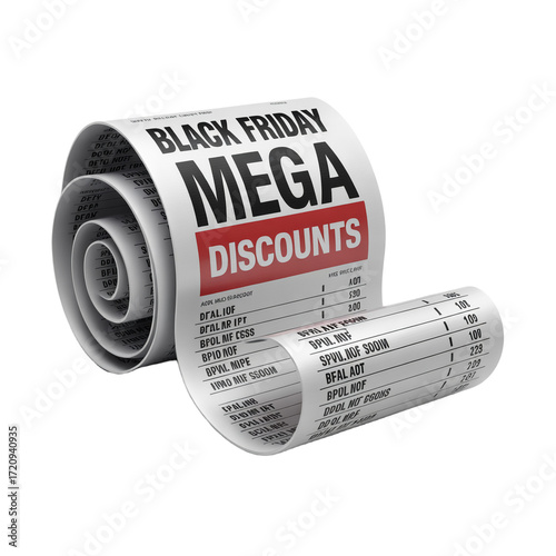 Black friday mega discounts receipt roll showing prices and savings on transparent background