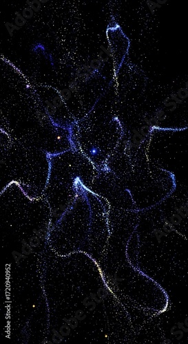 A mesmerizing display of swirling, luminous trails of light particles against a deep black backdrop.