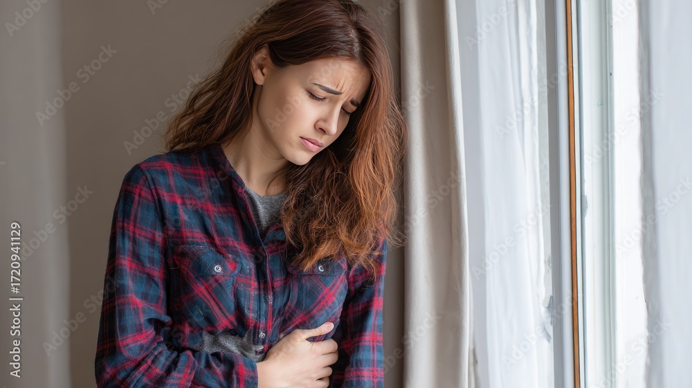 Fototapeta premium A woman wearing a plaid shirt clutches her stomach and looks out the window with an uncomfortable expression.