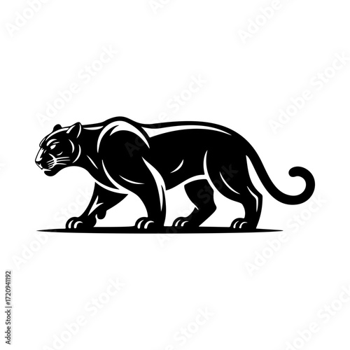 Illustration of a panther or cougar in a walking stance isolated on white background. Design element for emblem, sign, poster, badge. Vector illustration