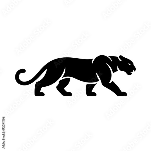 Illustration of a panther or cougar in a walking stance isolated on white background. Design element for emblem, sign, poster, badge. Vector illustration