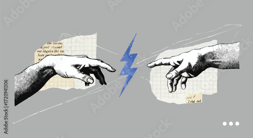 Modern collage art of two hands reaching, inspired by Michelangelo's Creation of Adam, with a lightning bolt.