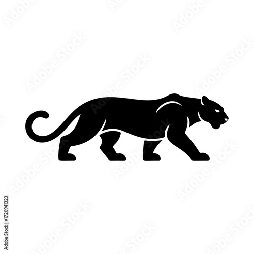 Illustration of a panther or cougar in a walking stance isolated on white background. Design element for emblem, sign, poster, badge. Vector illustration