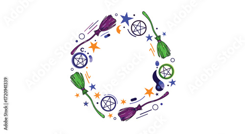 A whimsical circular arrangement of Halloween themed elements including brooms stars and potion bottles.