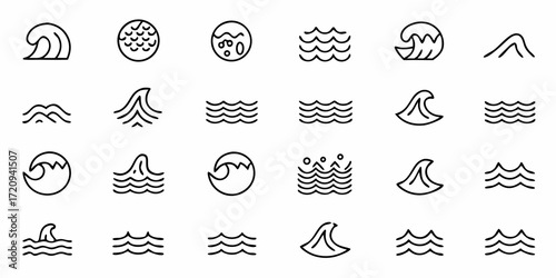 Dynamic ocean wave icons perfect for travel, coastal branding, marine design, and water-related projects, evoking serenity and natural beauty