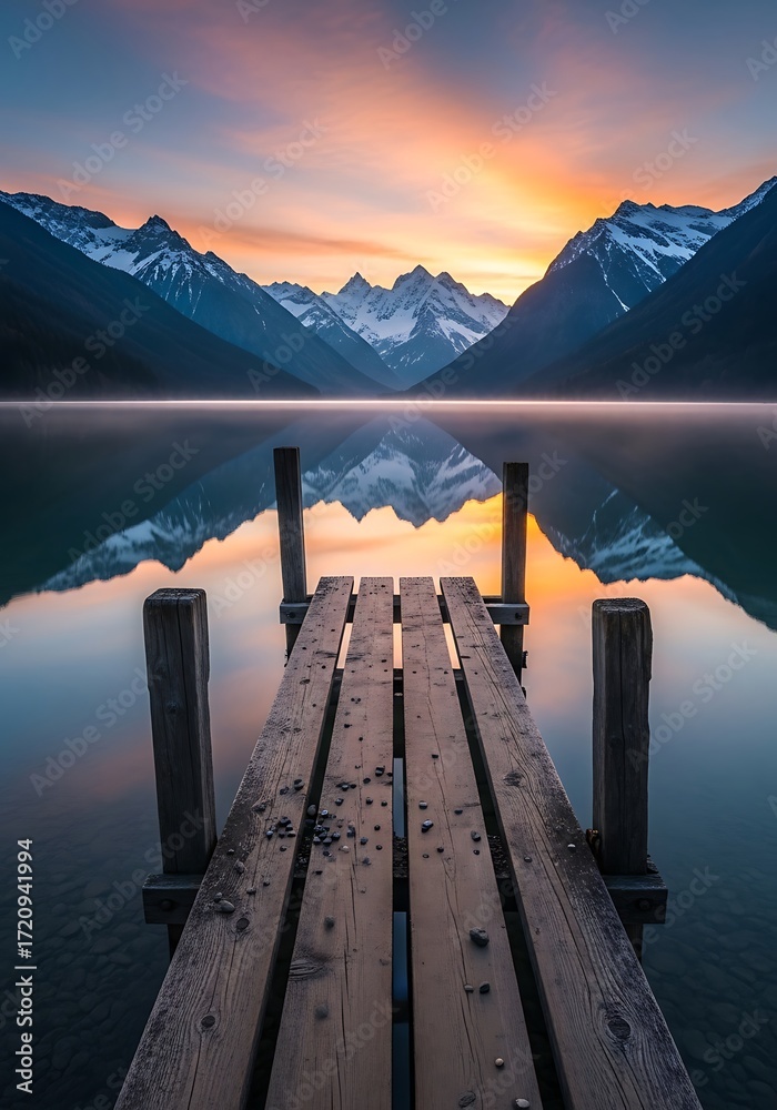 Fototapeta premium Serene Mountain Lake Sunrise Pier.