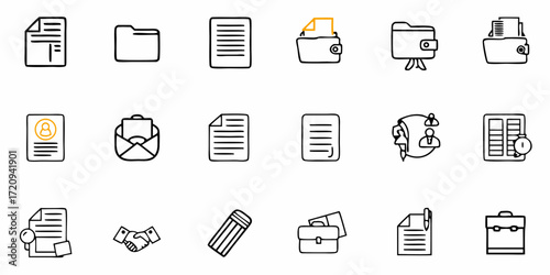 Doodle-style business icons representing finance, documents, teamwork, and career, ideal for presentations, websites, and marketing materials.