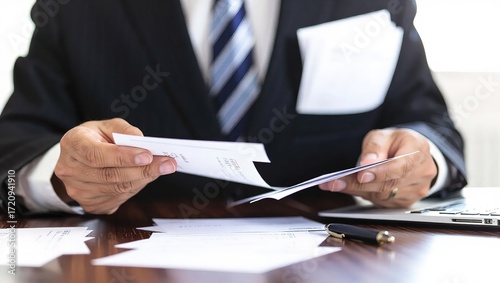 Businessman reviewing documents at a desk with laptop and pen