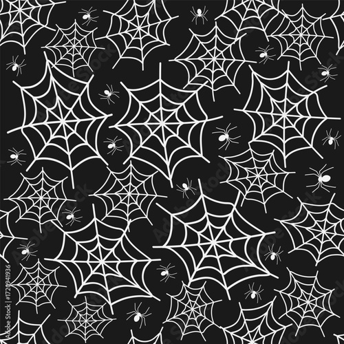 Seamless pattern filled with intricate spider webs and small spiders creating a spooky Halloween atmosphere