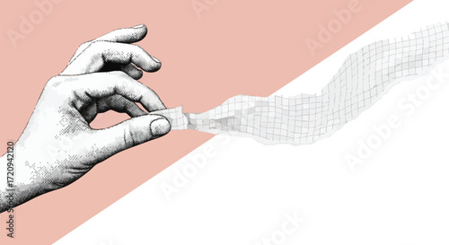 An illustrative drawing of a hand holding a piece of tape or bandage, extending into a textured white pattern against a split pink and white background.