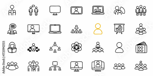 Hand-drawn business and communication icons representing teamwork, online meetings, data presentation, and collaborative ideas for modern design
