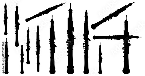 Silhouette Black and White Oboe Musical Instrument Collection Set Illustration