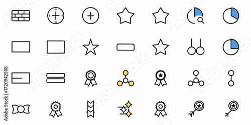 Collection of versatile outlined icons for design, business, and web use, including stars, charts, plus signs, and awards, perfect for digital projects