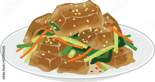 A plate of seasoned cubed food, likely a Korean side dish, with vegetables.