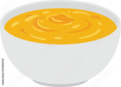 Create a descriptive title (6-180 characters, no keyword lists). "A white ceramic bowl filled with a vibrant orange-yellow creamy sauce or dip, presented on a plain background.".