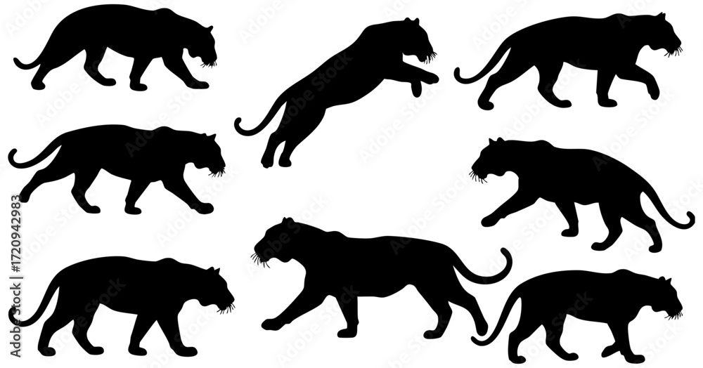 Naklejka premium Silhouette Detailed Tiger Wildlife Diverse Poses and Movements Animal Collection