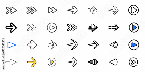 Dynamic collection of modern arrow icons perfect for website navigation, user interface design, and digital media presentations, instantly engaging viewers