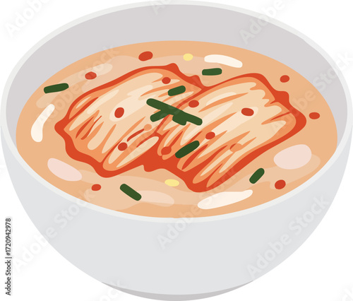 A vector illustration of a white bowl filled with spicy Korean kimchi jjigae stew, a traditional dish.