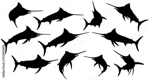Black Silhouette Diverse Swordfish Marine Animal Illustration Set Variety Shape