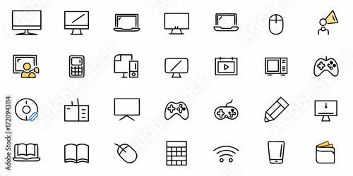 Modern technology icons illustrating various devices, tools, and communication essentials for digital projects and web design elements