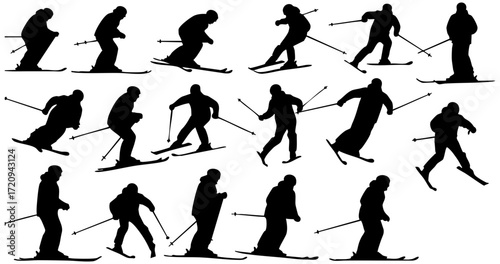 Silhouette Diverse Skiing Positions and Actions Winter Sport Recreation