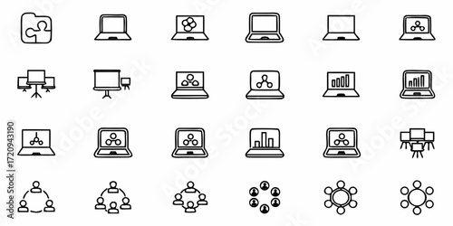 Modern business icons representing teamwork, collaboration, data analysis, and presentations for professional projects and websites