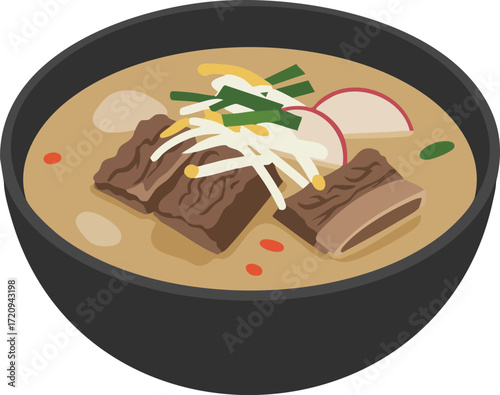 Bowl of beef broth soup with chunks of beef, radish slices, and scallions.