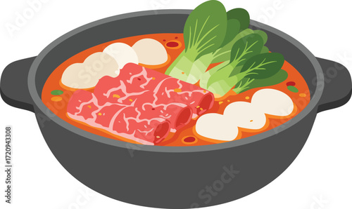 A steaming hot pot filled with thinly sliced beef, bok choy, and dumplings in a rich broth.