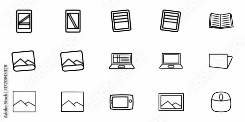 Modern line art icons representing technology, design, and everyday items, perfect for websites, apps, and presentations, ready for commercial use.