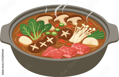A steaming pot of delicious and savory Japanese hot pot, filled with various ingredients.