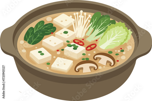 A hearty bowl of tofu soup with assorted vegetables.