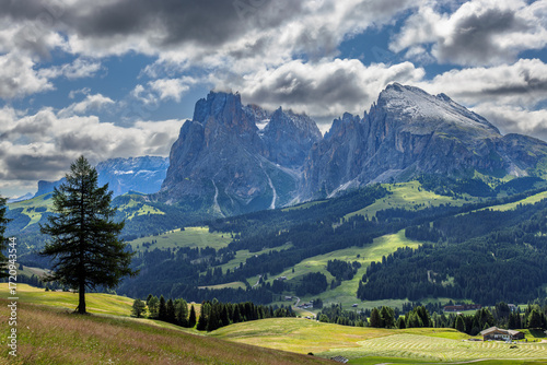 The Langkofel group with the peaks of Langkofel and Plattkofel on the Seiser Alm, Dolomites, South Tyrol, Italy.