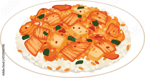 A vibrant illustration of a plate of Korean kimchi fried rice with tofu and scallions.