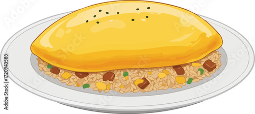 A close-up illustration of a delicious omurice dish served on a white plate, featuring fluffy scrambled eggs atop seasoned fried rice with visible pieces of meat and vegetables.
