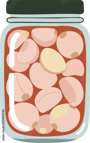 Jar of pickled garlic cloves in brine with a black lid.