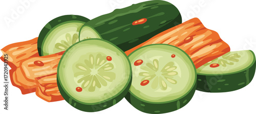 Illustration of fresh green cucumbers, some sliced, alongside spicy red kimchi, a popular Korean fermented dish.