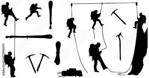 Silhouette Detailed Mountain Climbing Equipment and Mountaineer Activity Illustration