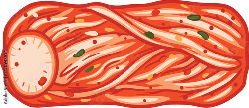 Close-up illustration of a kimchi, a traditional Korean fermented dish, showing its vibrant red color and texture.