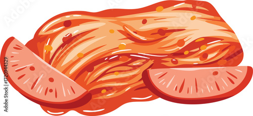 A vibrant illustration of kimchi, a traditional Korean fermented dish, with two slices.