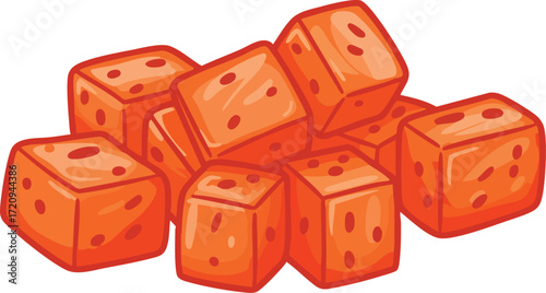 Pile of orange-colored diced fruit or vegetable pieces.