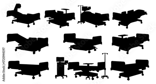 Simple Silhouette Hospital Bed Illustration Set Various Adjustable Medical Furniture