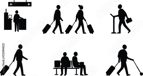 Airport activity silhouette, travel icons, luggage motion, check-in counter, waiting area, walking traveler, kiosk interaction, vector illustration, black design