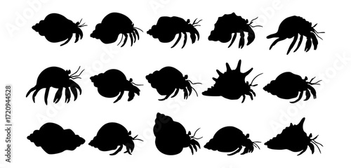 Silhouette Various Hermit Crab Silhouette Collection with Shells Set Illustration
