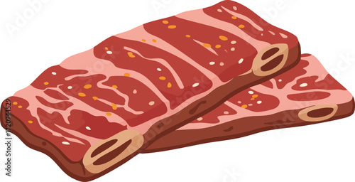 An illustration of two raw, seasoned beef short ribs, flanken cut for grilling or Korean barbecue, isolated on a white background.