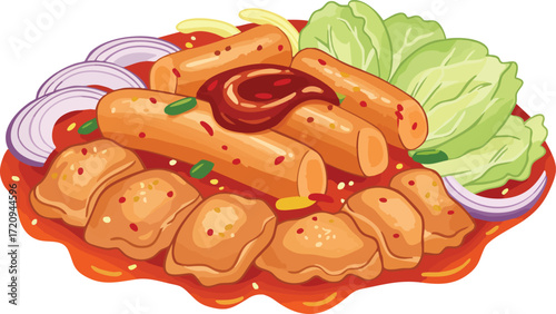 A vibrant illustration of a delicious plate of Malaysian street food, featuring fried spring rolls, sausages, and fresh lettuce, all coated in a rich, savory sauce.