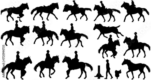 Silhouette Equestrian Rider Galloping Horse Racing Sport Various Poses Collection
