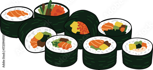 An assortment of colorful sushi maki rolls with various fillings like salmon, roe, egg, and vegetables, presented on a white background.