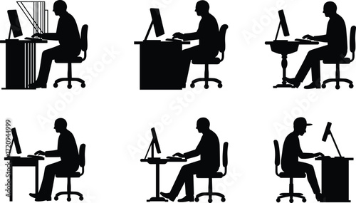 Computer workstation silhouette, ergonomic desk posture, black vector art, office setup icon, seated worker illustration, monitor, keyboard, chair, white background
