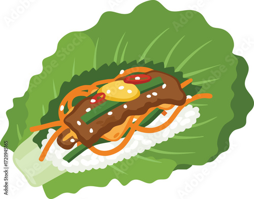 A vector illustration of a Korean lettuce wrap, or ssam, filled with grilled meat, rice, and vegetables.
